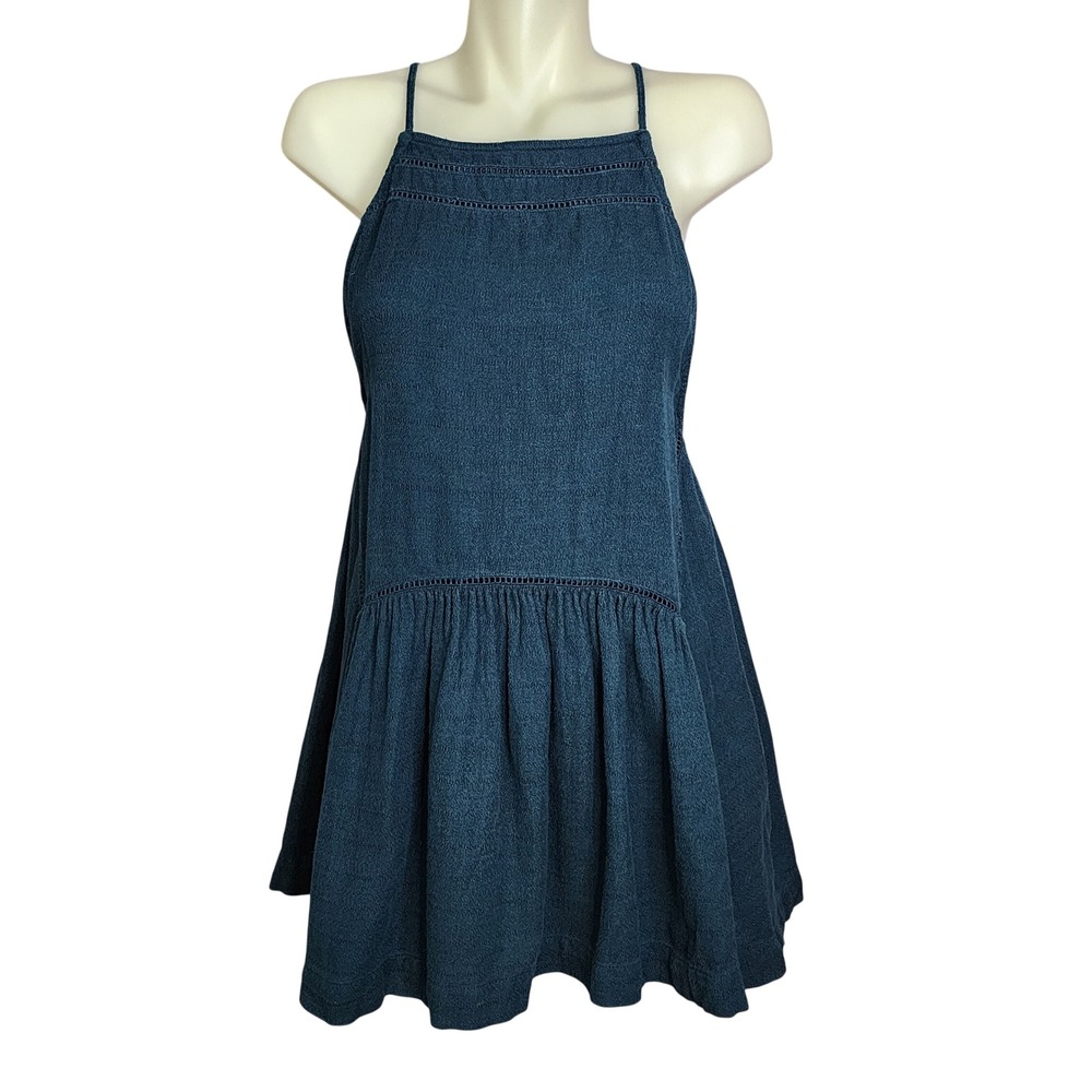 Free People Linen Blend Mini Dress Teal Blue Boho Babydoll Open Back Small Boho